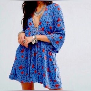 Free People Blue Floral Mini Dress with Red Accents